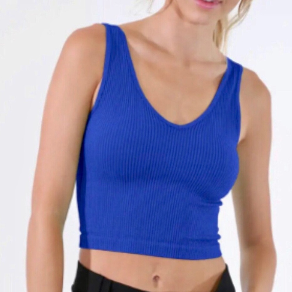 Ribbed Scoop Neck Crop Tank Top in Royal Blue - Women